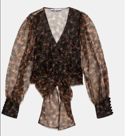 ZARA brown black printed organza blouse BISHOP SLEEVES bow NWT - Picture 3 of 7